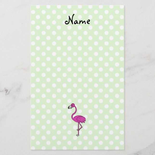 Personalized name flamingo green polka dots stationery (Front)