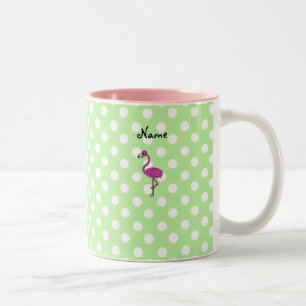 Personalized name flamingo green polka dots Two-Tone coffee mug