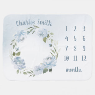 Personalized Name Floral Baby Boy Month Milestone Baby Blanket