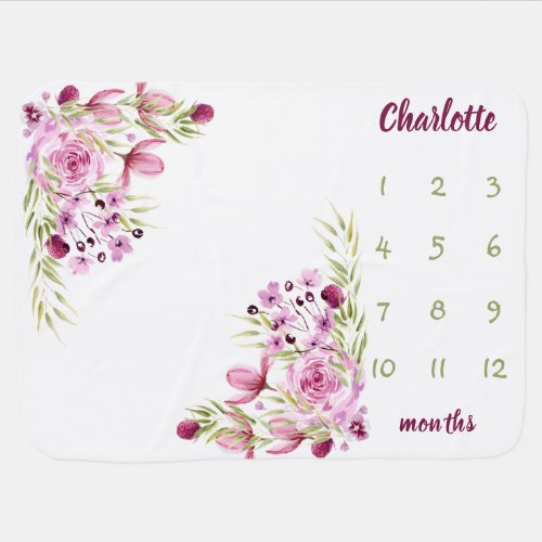 Personalized Name Floral Baby Girl Milestone Baby Blanket