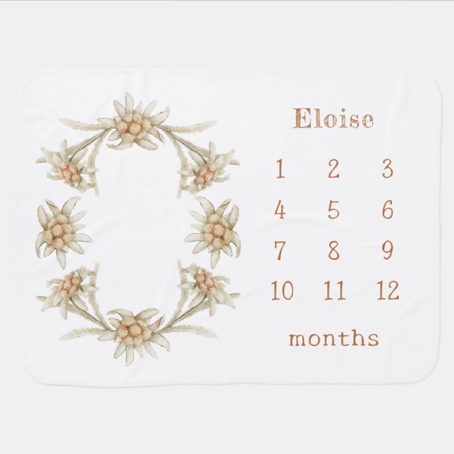 Personalized Name Floral Baby Girl Month Milestone Baby Blanket (Horizontal)