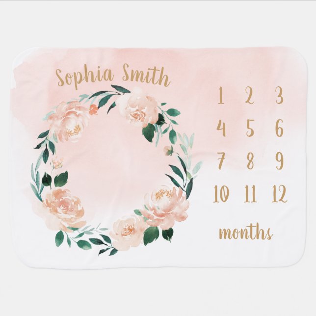 Personalized Name Floral Baby Girl Month Milestone Baby Blanket (Horizontal)