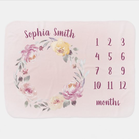 Personalized Name Floral Baby Girl Month Milestone Baby Blanket
