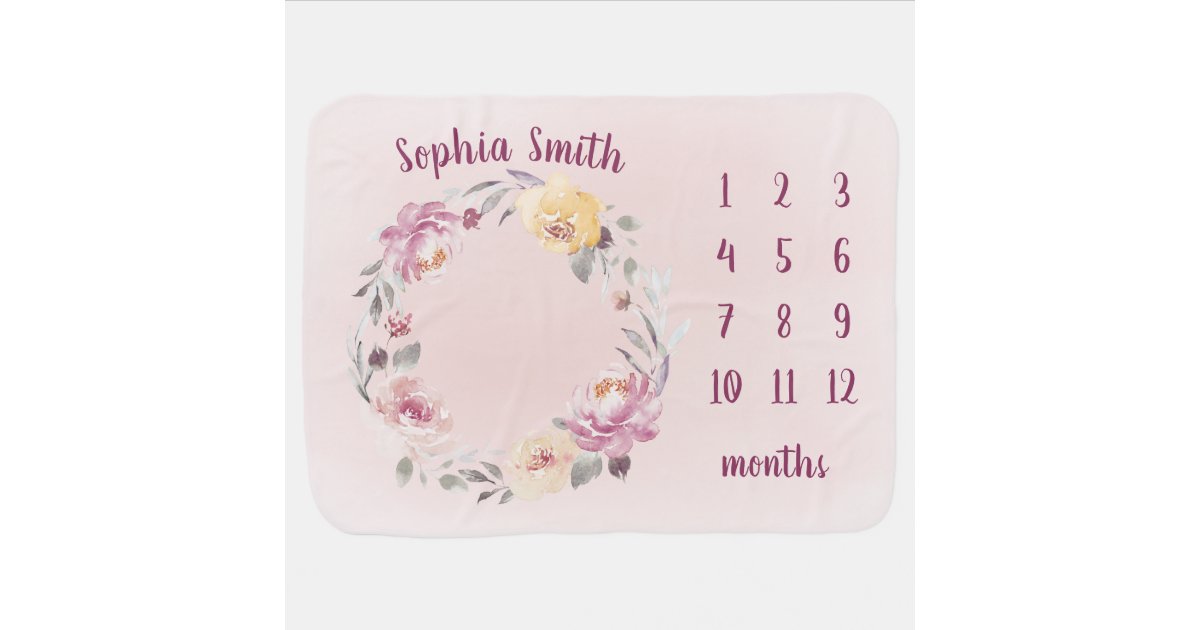 Personalized Name Floral Baby Girl Month Milestone Baby Blanket