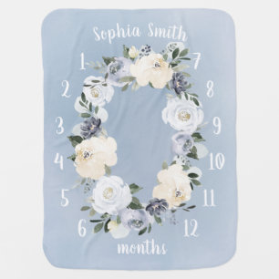 Personalized Name Floral Baby Girl Month Milestone Baby Blanket