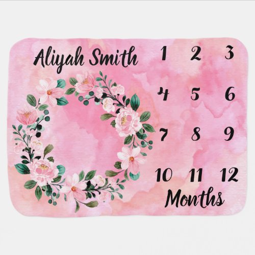 Personalized Name Floral Baby Girl Month Milestone Baby Blanket