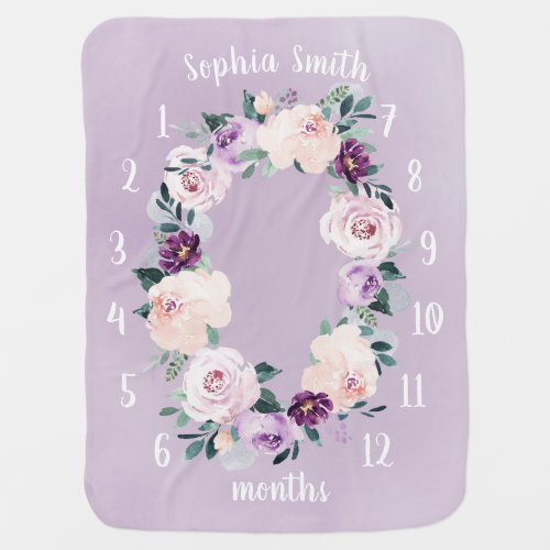 Personalized Name Floral Baby Girl Month Milestone Baby Blanket