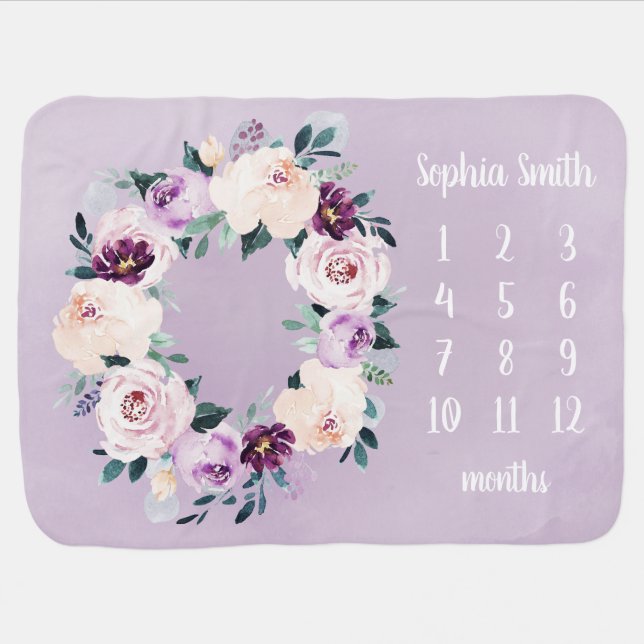 Personalized Name Floral Baby Girl Month Milestone Blanket (Horizontal)