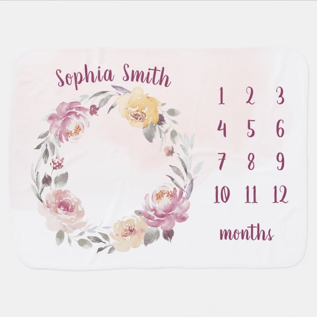 Personalized Name Floral Baby Girl Month Milestone Blanket (Horizontal)