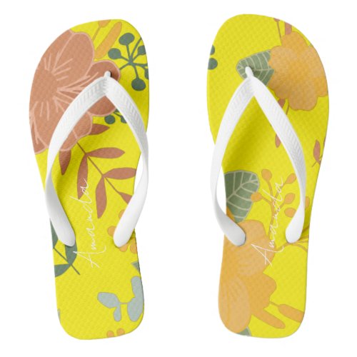 Personalized Name Floral  Bright Yellow Flip Flops
