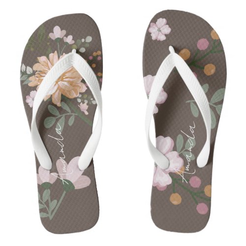 Personalized Name Floral  Brown Flip Flops