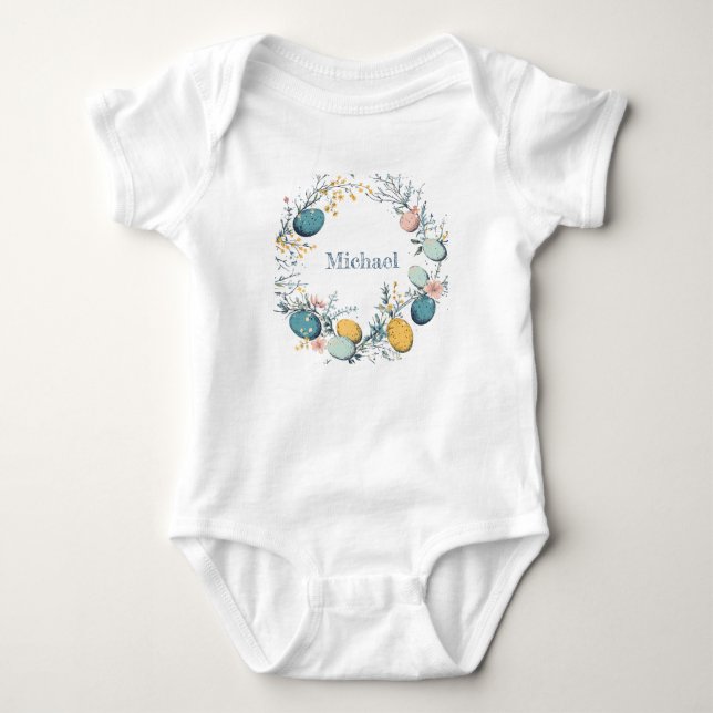 Personalized Name Floral Egg Wreath Easter Baby Bodysuit (Front)