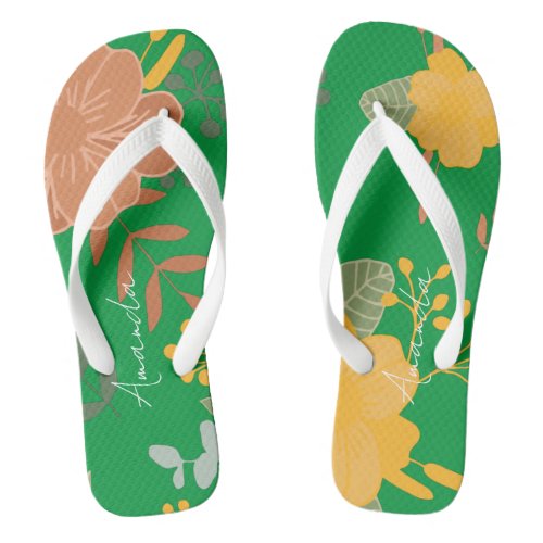Personalized Name Floral Kelly Green Flip Flops