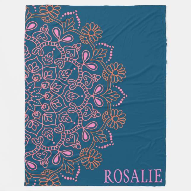Personalized Name Floral Mandala Blue Pink Unique Fleece Blanket (Front)