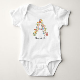 Personalized Name & Floral Monogram 'A' Baby Bodysuit