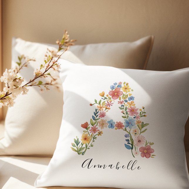 Personalized Name & Floral Monogram 'A' Throw Pillow (Creator Uploaded)