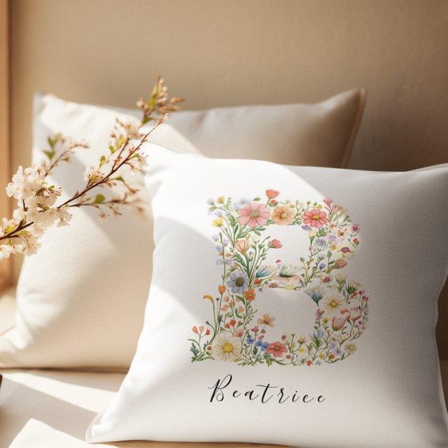 Personalized Name & Floral Monogram 'B' Throw Pillow (Creator Uploaded)