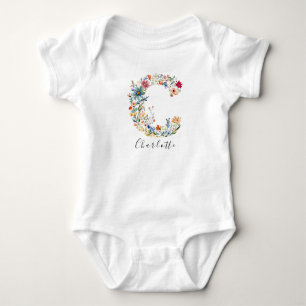 Personalized Name & Floral Monogram 'C' Baby Bodysuit