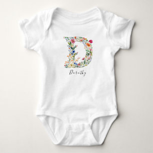 Personalized Name & Floral Monogram 'D' Baby Bodysuit