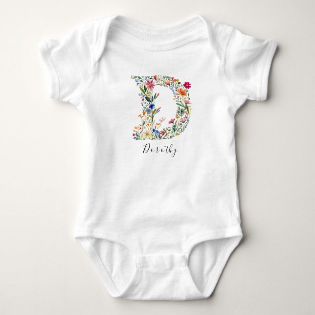 Personalized Name & Floral Monogram 'D' Baby Bodysuit (Front)
