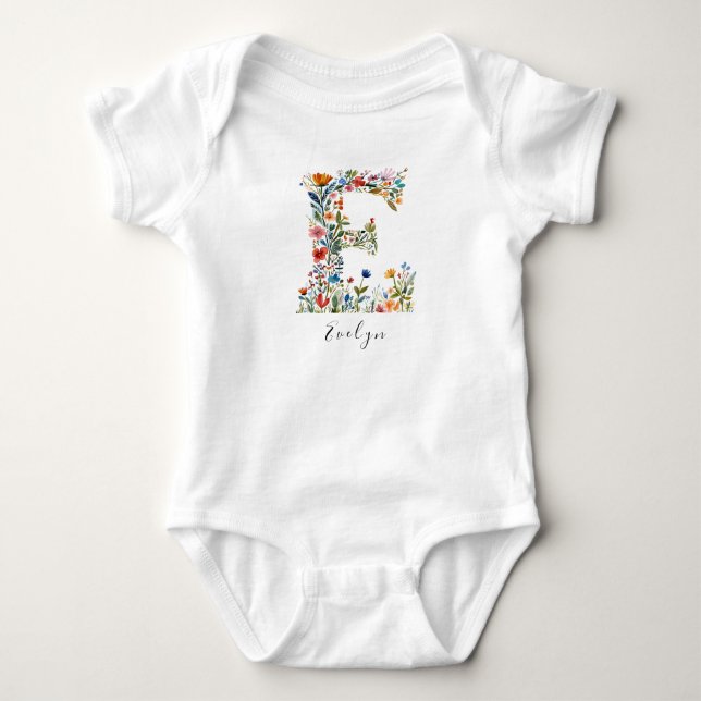 Personalized Name & Floral Monogram 'E' Baby Bodysuit (Front)