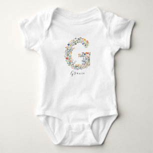 Personalized Name & Floral Monogram 'G' Baby Bodysuit