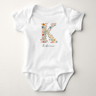 Personalized Name & Floral Monogram 'K' Baby Bodysuit