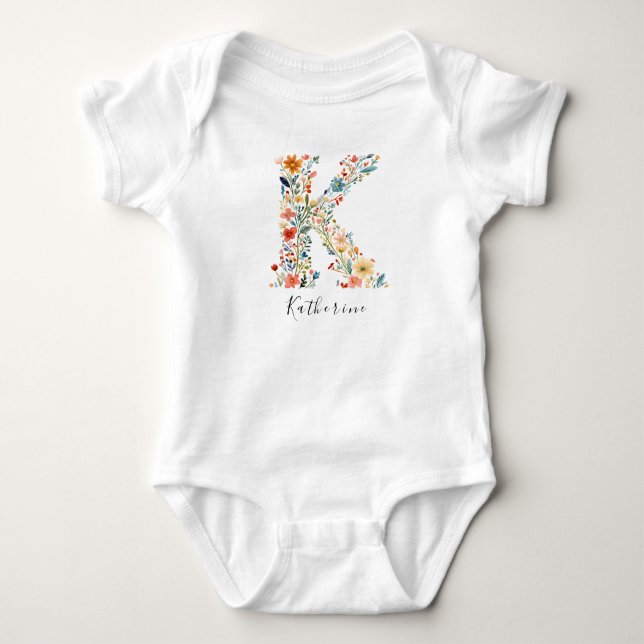 Personalized Name & Floral Monogram 'K' Baby Bodysuit (Front)