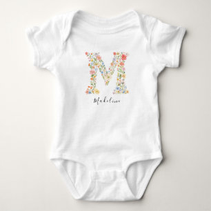 Personalized Name & Floral Monogram 'M' Baby Bodysuit