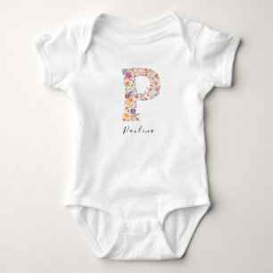 Personalized Name &Floral Monogram 'P' Baby Bodysuit