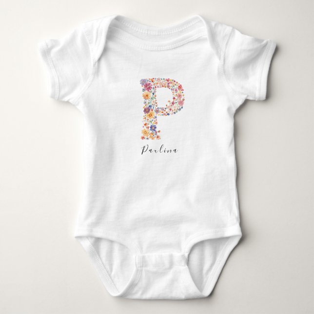 Personalized Name &Floral Monogram 'P' Baby Bodysuit (Front)