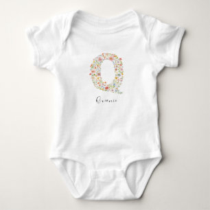 Personalized Name &Floral Monogram 'Q' Baby Bodysuit