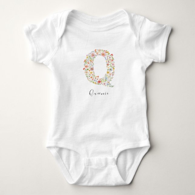 Personalized Name &Floral Monogram 'Q' Baby Bodysuit (Front)