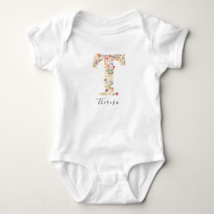 Personalized Name &Floral Monogram 'T' Baby Bodysuit
