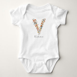 Personalized Name &Floral Monogram 'V' Baby Bodysuit