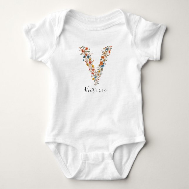 Personalized Name &Floral Monogram 'V' Baby Bodysuit (Front)