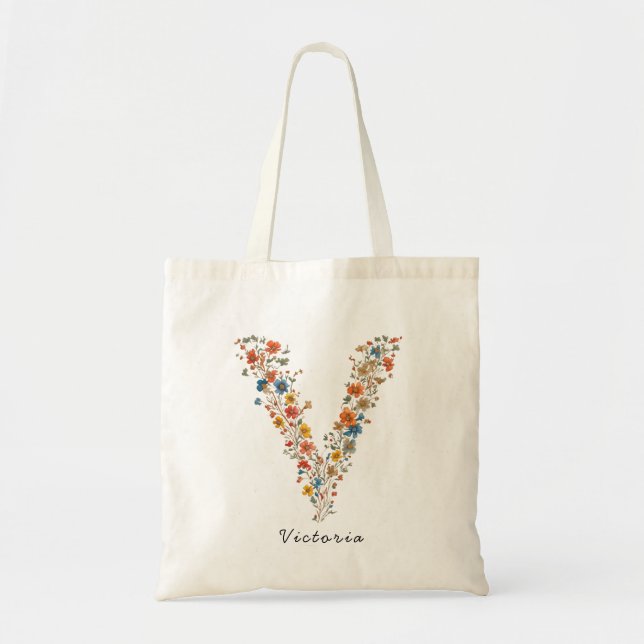 Personalized Name & Floral Monogram 'V' Tote Bag (Front)