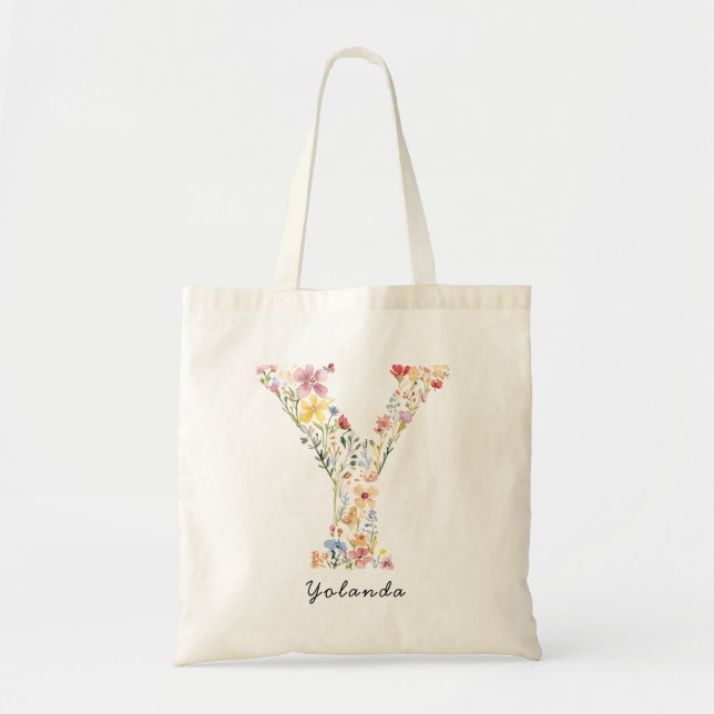 Personalized Name & Floral Monogram 'Y' Tote Bag (Front)