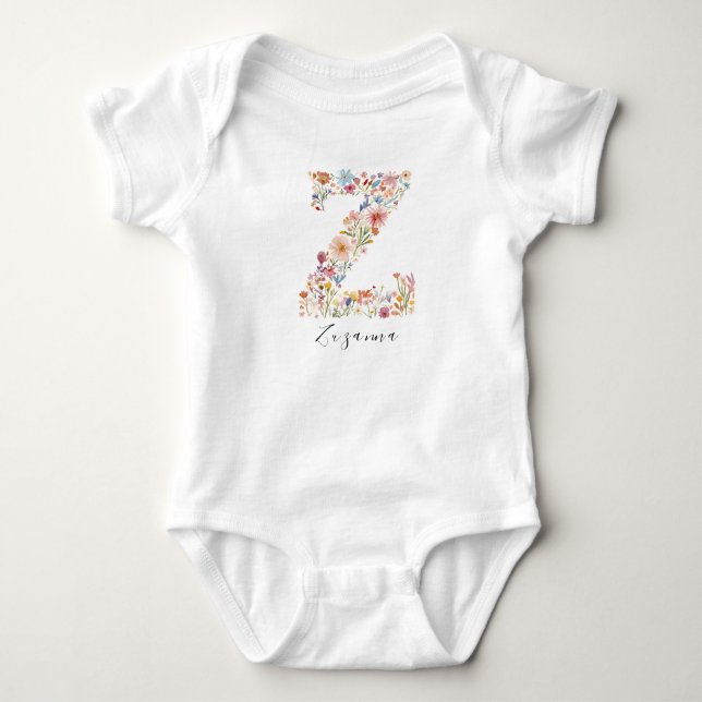 Personalized Name &Floral Monogram 'Z' Baby Bodysuit (Front)