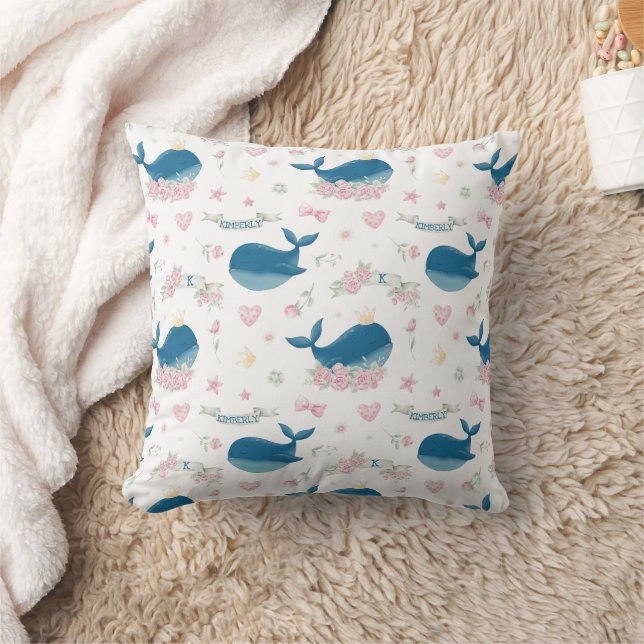 Personalized Name Floral Nautical Whale Throw Pillow (Blanket)