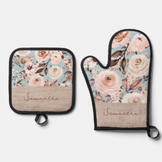 Personalized Name Floral Oven Mitt & Pot Holder Set