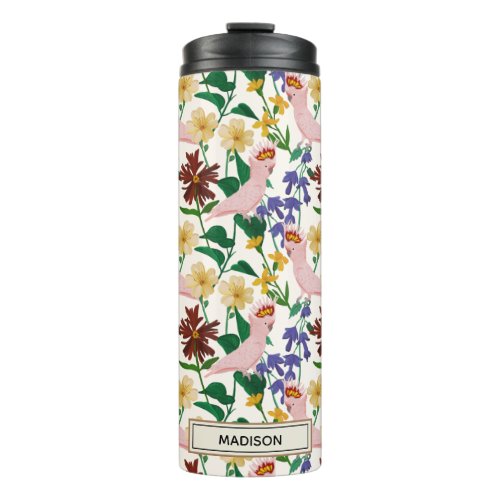 Personalized Name Floral Pink Cockatoo Pattern  Thermal Tumbler