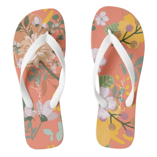 Personalized Name Floral Salmon Flip Flops