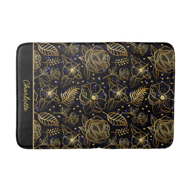 Personalized name floral seamless pattern gold bath mat (Front)