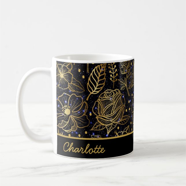 Personalized name floral seamless pattern gold  coffee mug (Left)