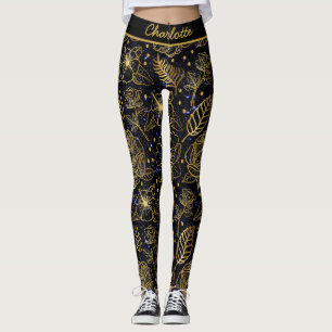 Personalized name floral seamless pattern gold leggings