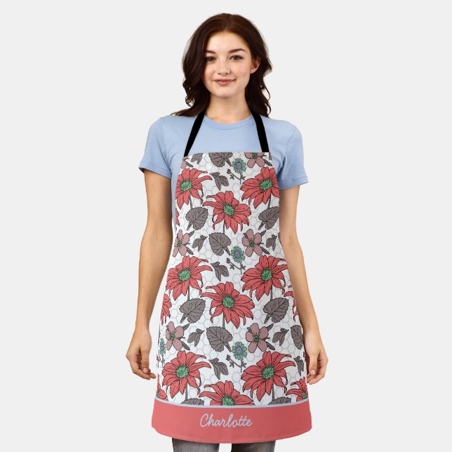 Personalized name floral seamless pattern pink  apron (Worn)