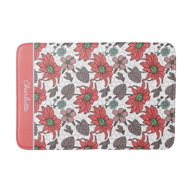 Personalized name floral seamless pattern pink bath mat (Front)