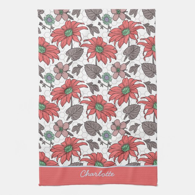 Personalized name floral seamless pattern pink kitchen towel (Vertical)