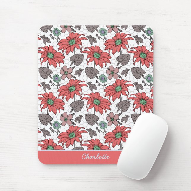 Personalized name floral seamless pattern pink  mouse pad (With Mouse)